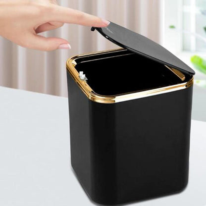 Luxury Mini Desktop Trash Can with Gold Trim | Small Bathroom Waste Bin | Cute Press-Top Lid Garbage Can for Office, Bedroom, Kitchen, Desk