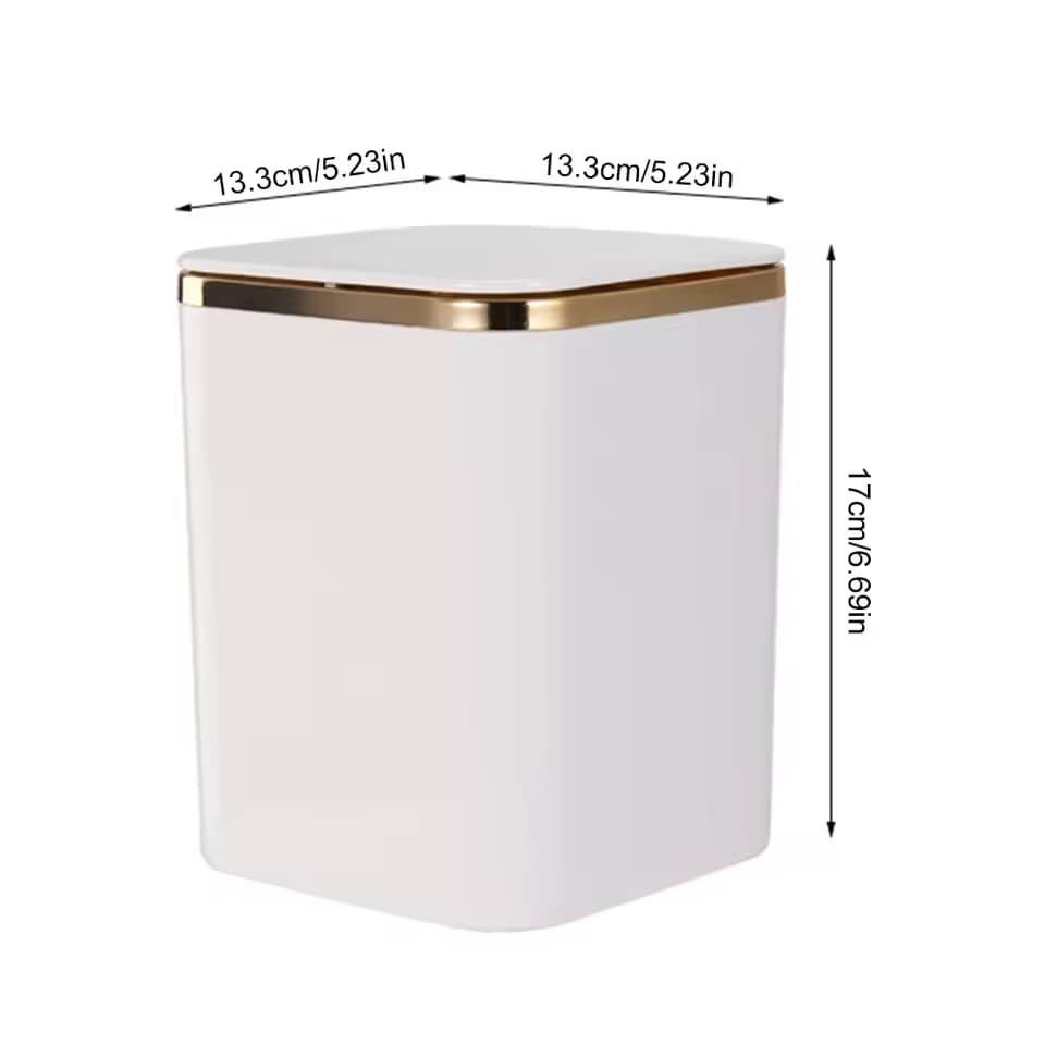 White mini trash can with gold rim showing dimensions 13.3 x 13.3 x 17 cm size guide
