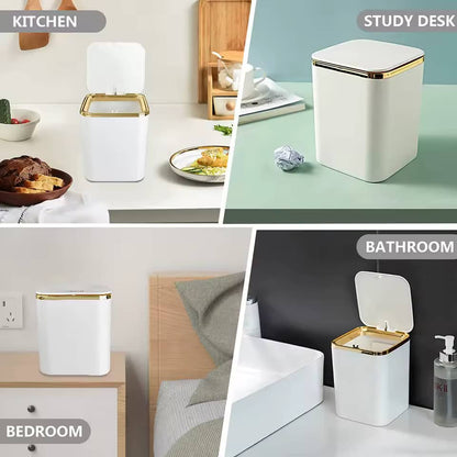 Four-location use collage showing mini gold trim trash can in kitchen, study desk, bedroom, and bathroom