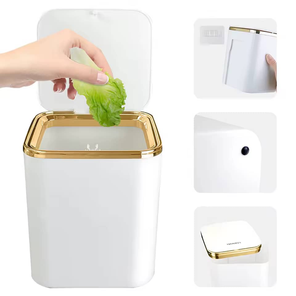 White press-top mini trash can open lid showing one-touch button mechanism with detail close-ups
